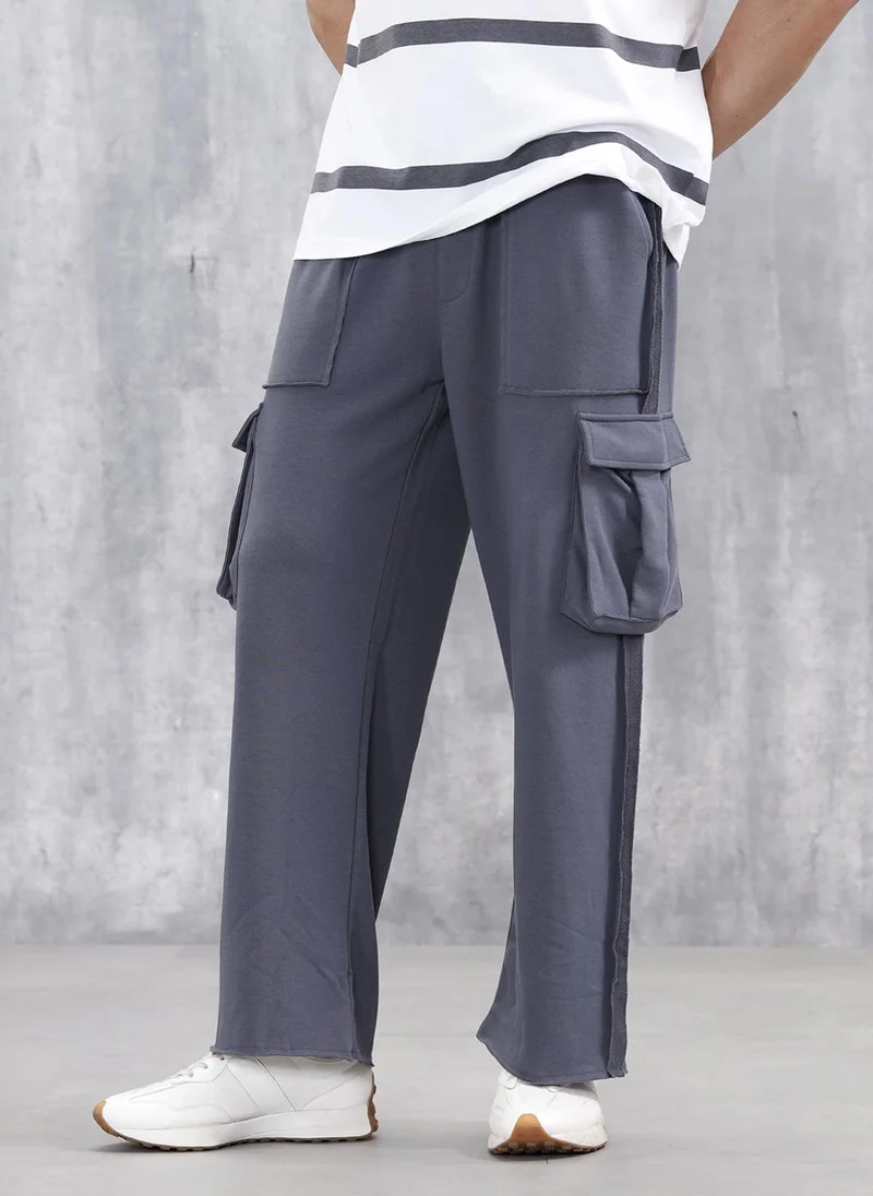 Wrogn Casual Raw Edged Cargo Pants For Men | Dark Grey